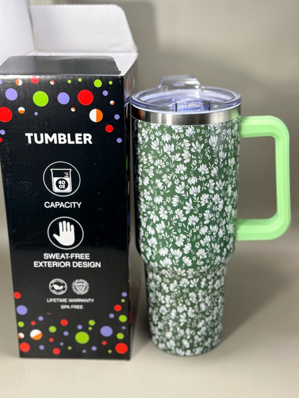 Insulated Floral Green Travel Tumbler with Handle - Unbranded 40 OZ